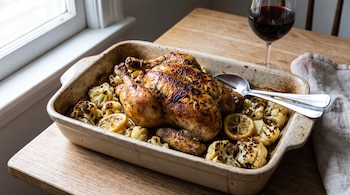 Un pollo entero asado con coliflor y rodajas de limón en una fuente de cerámica, junto a dos cucharas y una copa de vino tinto.