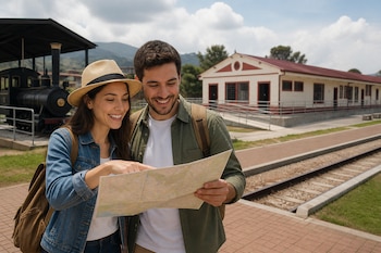 Un hombre y una mujer con mochilas miran un mapa de papel junto a unas vías de tren, una locomotora negra y un edificio blanco y rojo.