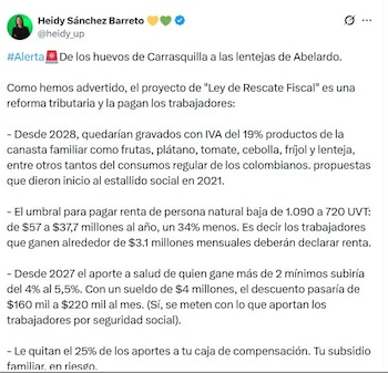La concejal Heidy Sánchez (Pacto Histórico) recordó el caso de la reforma tributaria durante el Gobierno de Iván Duque - crédito @heidy_up/X