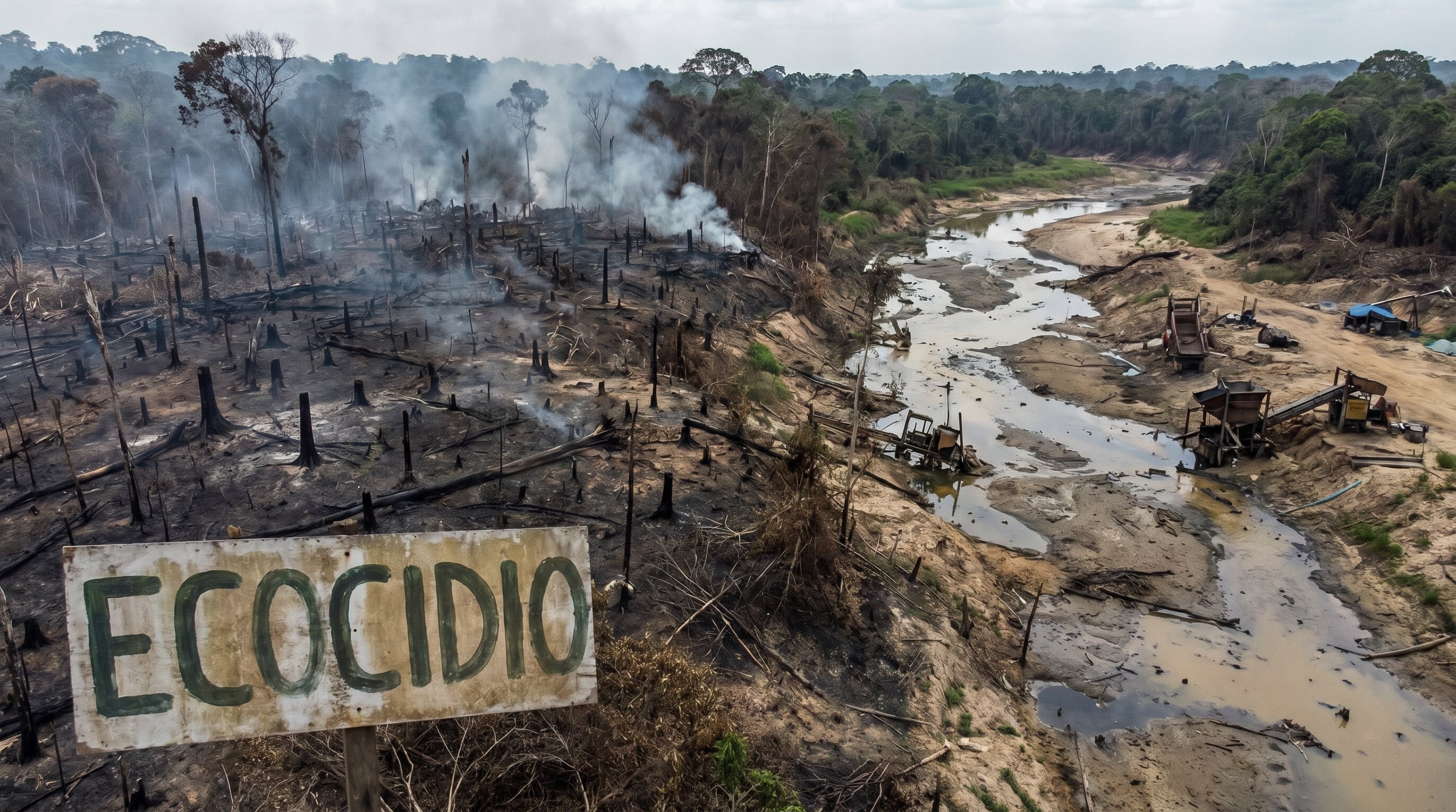 Una vasta zona de la Amazonía muestra los efectos devastadores del ecocidio, con árboles quemados, humo y minería ilegal contaminando un río adyacente, evidenciando la destrucción ambiental. (Imagen Ilustrativa Infobae generada con IA)