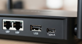 Vista cercana de la parte trasera de un router negro mostrando dos puertos Ethernet, un puerto USB estándar y un puerto USB Type-A.