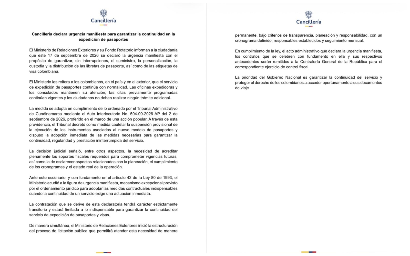 Este es el comunicado de la Cancillería sobre la adopción de la medida de urgencia manifiesta en el tema pasaportes en Colombia - crédito @CancilleriaCol(X