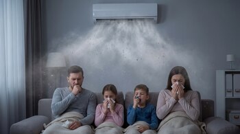 Un padre, dos hijos y una madre en un sofá cubiertos con mantas, el hombre tose, la hija se limpia la nariz, el hijo usa inhalador y la mujer se limpia la nariz. Un aire acondicionado libera polvo.