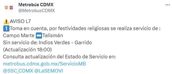 Por la presencia de peregrinos en la zona, el servicio de la Línea 7 se encuentra modificado.