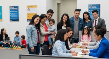 Un grupo diverso de familias y niños en un centro de servicios. Adultos interactúan con representantes en escritorios, y niños juegan en una alfombra.
