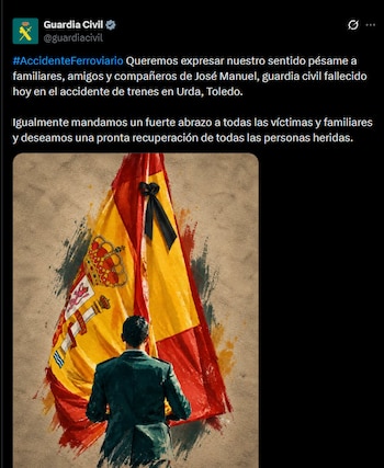Publicación de la Guardia Civil dando el pésame a la familia de José Manuel, fallecido en el accidente de Toledo. (X)