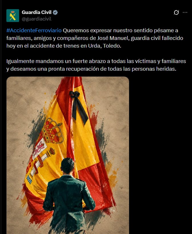 Publicación de la Guardia Civil dando el pésame a la familia de José Manuel, fallecido en el accidente de Toledo. (X)