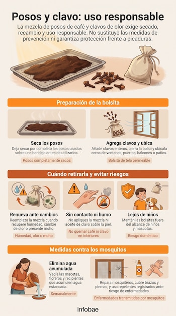 Infografía con ilustraciones de posos de café en una bandeja, bolsas con clavos de olor y consejos para evitar la presencia de mosquitos.