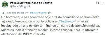 Las autoridades constataron que el individuo incumplía la reclusión obligatoria luego de verificar el dispositivo electrónico que le fue impuesto por una condena previa relacionada con homicidio agravado - crédito captura de pantalla policía Nacional / X