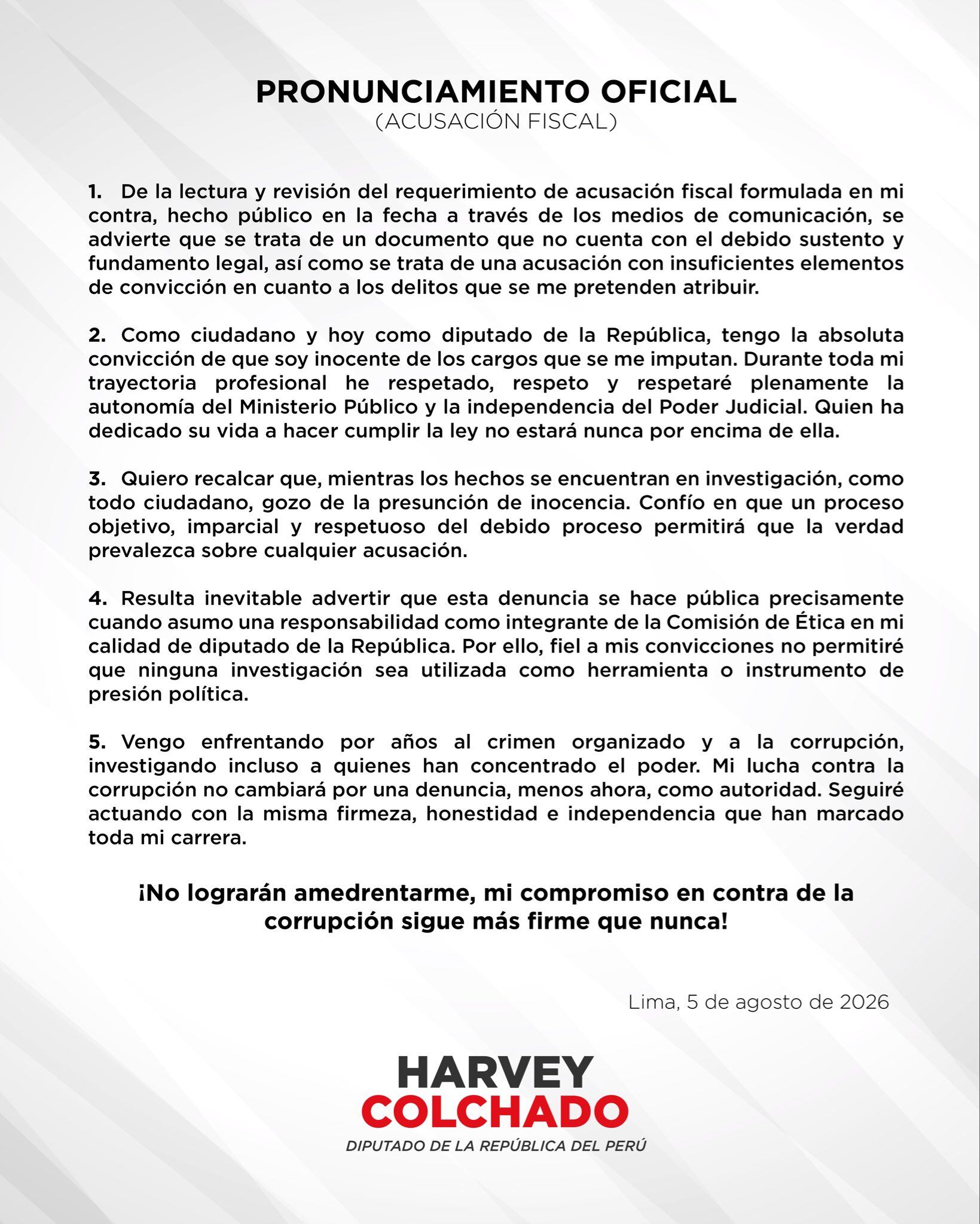 Harvey Colchado responde por pedido de prisión de la Fiscalía: “Tengo la absoluta convicción de que soy inocente”