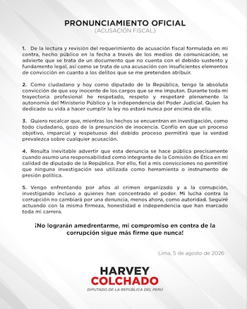 Harvey Colchado responde por pedido de prisión de la Fiscalía: “Tengo la absoluta convicción de que soy inocente”