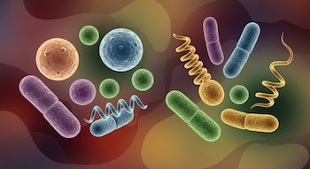 Ilustración colorida de múltiples bacterias de diversas formas: cocos, bacilos y espirilos, representadas en tonos vibrantes sobre un fondo abstracto difuminado.