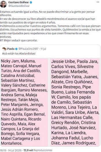 Gustavo Bolívar llamó a la tolerancia y rechaza discriminación por diferencias políticas - crédito @GustavoBolivar/X
