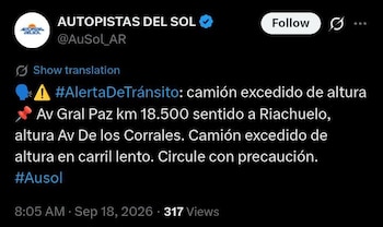 Captura de pantalla de una publicación de la cuenta Autopistas del Sol con una alerta de tránsito sobre un camión en la Avenida General Paz
