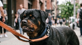 Primer plano de un perro rottweiler negro y marrón con correa que enseña los dientes en una acera con personas al fondo.