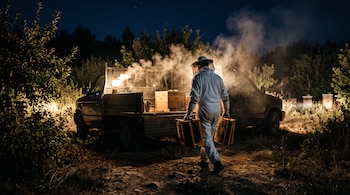 Persona con traje blanco de apicultor camina con panales hacia una camioneta entre humo en un entorno rural de noche.