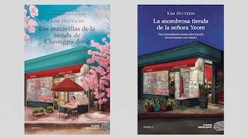 Dos portadas de libros se muestran una al lado de la otra sobre un fondo gris claro: una tienda de día con una mujer leyendo y cerezos, y otra tienda de noche con una persona.
