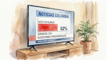Ilustración en acuarela de una televisión mostrando un gráfico de noticias sobre el voto en blanco ganando las elecciones presidenciales de Colombia con 52%.