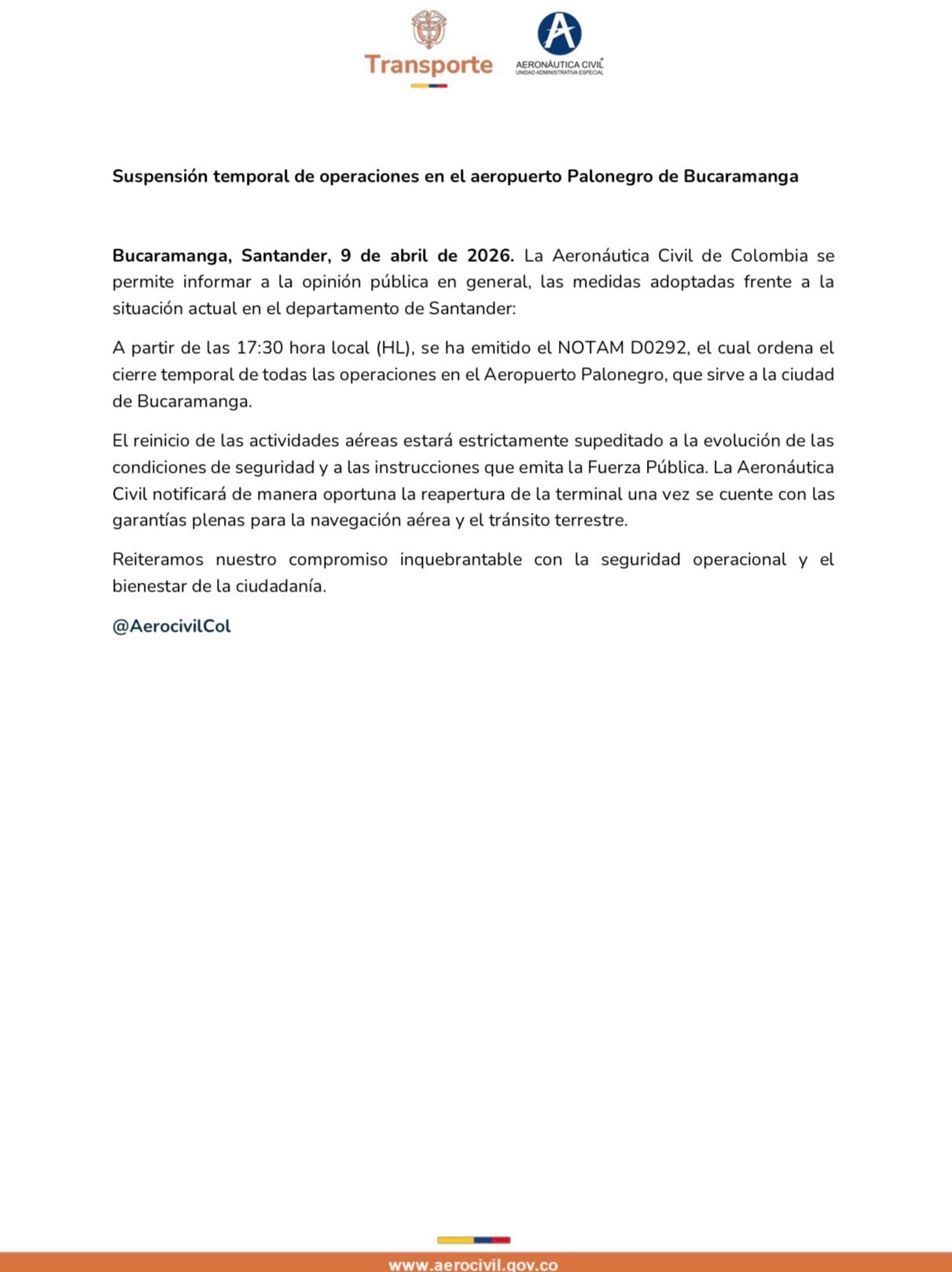 El restablecimiento de los vuelos en Palonegro dependerá de la recuperación del orden público y de las directrices de la Fuerza Pública - crédito Aeronáutica Civil