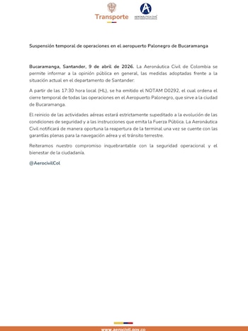 El restablecimiento de los vuelos en Palonegro dependerá de la recuperación del orden público y de las directrices de la fuerza pública - crédito Aeronáutica Civil