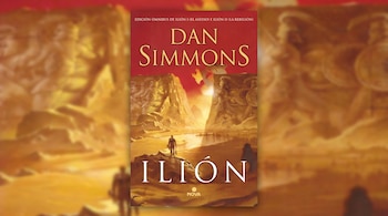 Cubierta del libro Ilión, edición ómnibus de Dan Simmons. Muestra un paisaje desértico, una figura humana de espaldas, estructuras rocosas y una fuente de luz.