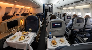 Cabina de avión con asientos premium y económica, mesas con comida y bebidas, pasajeros sentados, pantallas con logo Delta, compartimentos de equipaje.