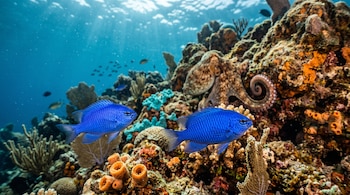 Dos peces de color azul brillante nadan frente a un pulpo camuflado entre corales bajo el agua iluminada por rayos de sol.