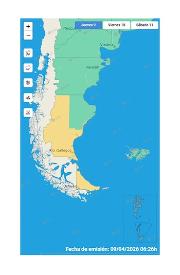 Mapa meteorológico de Argentina mostrando alertas en el sur, con áreas en verde y amarillo, y etiquetas de ciudades como Neuquén, Rawson, Río Gallegos y Ushuaia