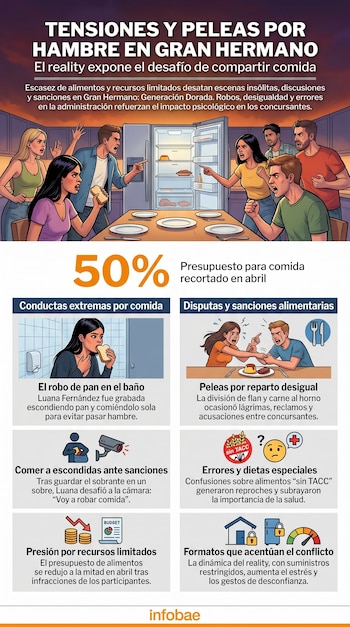 Infografía sobre tensiones en Gran Hermano. Arriba, participantes discuten en una cocina con nevera vacía. Abajo, secciones de texto e iconos sobre robos y peleas.