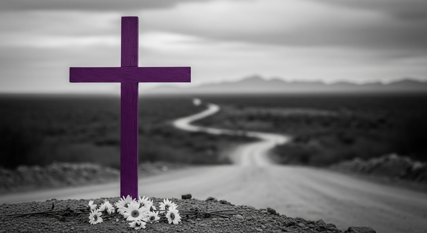 Una cruz morada simboliza la lucha contra los feminicidios en Sinaloa, con un ramillete de flores blancas a su base junto a una carretera desolada. (Imagen Ilustrativa Infobae)