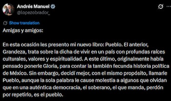 AMLO presenta “Pueblo”, su nuevo libro sobre la historia política de México.