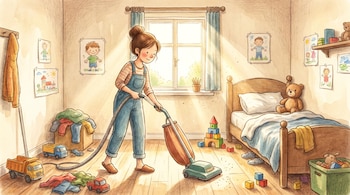 Una mujer con overol azul aspira el suelo de una recámara infantil soleada, con una cama, juguetes como bloques y camiones, y dibujos colgados en las paredes.