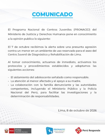 El adolescente señalado como presunto responsable fue aislado como parte de las medidas adoptadas por el Pronacej - Créditos: @Pronacej_Peru.