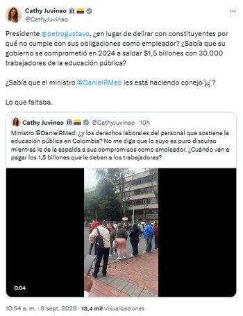 La congresista también se despachó en contra del presidente Petro - crédito @Cathy_Juvinao/x