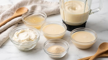 Cuencos de vidrio con queso crema, leche condensada, leche evaporada, gelatina granulada y gelatina disuelta en una superficie de mármol. Una licuadora con mezcla.