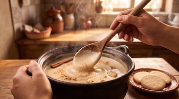 Olla de barro con atole humeante y canela, una cuchara de madera sujetada por una mano y un plato con galletas sobre una mesa.