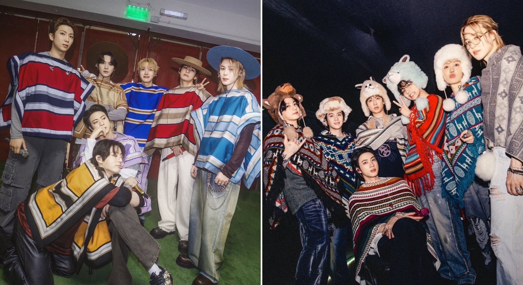Los integrantes del grupo surcoreano BTS posan con ponchos y gorros tradicionales en el marco de sus presentaciones en América Latina.