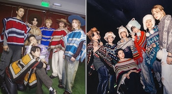Siete integrantes de BTS posan en dos tomas con ponchos de franjas de colores, sombreros y gorros tejidos con figuras de animales