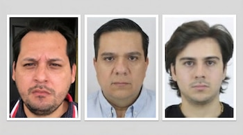 Collage de tres retratos de hombres: uno con barba y polo, otro de mediana edad con camisa azul, y un joven con pelo largo y cadena.