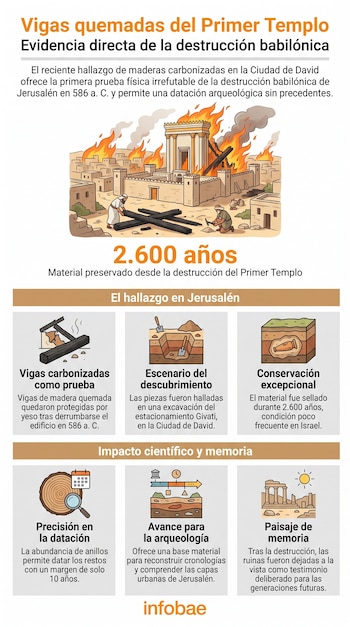 Infografía: ilustración de templo en llamas, vigas quemadas, figuras arqueológicas, excavaciones, anillos de madera y ruinas antiguas. Incluye texto explicativo.