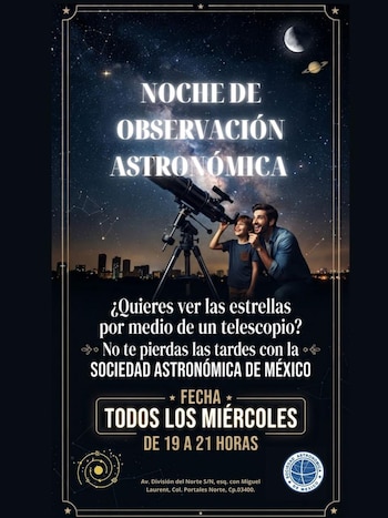 La Sociedad Astronómica de México ofrece observación gratuita con telescopios profesionales cada miércoles. (X/@CulturaCiudadMx)