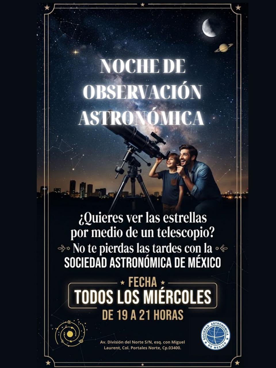 La Sociedad Astronómica de México ofrece observación gratuita con telescopios profesionales cada miércoles. (X/@CulturaCiudadMx)