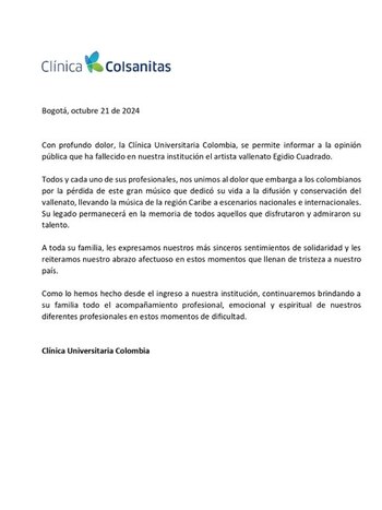 Comunicado Clínica Universitaria de Colombia sobre el deceso del maestro Egidio Cuadrado. (Crédito: Clínica Universitaria de Colombia)