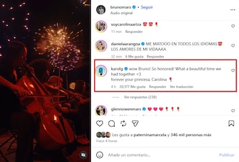 Karol G respondió en la publicación de Bruno Mars y se declaró "forever your princesa" - crédito @brunomars/Instagram