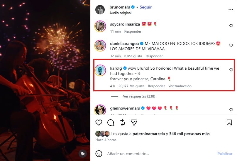 Karol G respondió en la publicación de Bruno Mars y se declaró