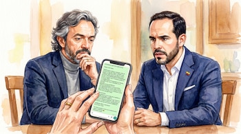 Ilustración acuarela de Juan Daniel Oviedo y Abelardo de la Espriella sentados a una mesa, observando con preocupación un teléfono móvil que muestra un chat.