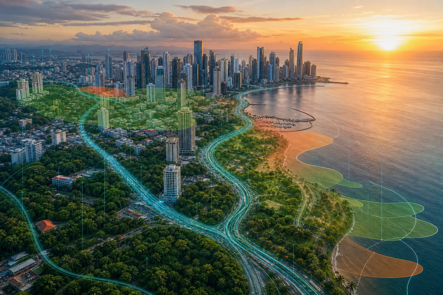 Una infraestructura gráfica sobre la Ciudad de Panamá ilustra el flujo vehicular y el impacto ambiental costero durante el atardecer. (Imagen Ilustrativa Infobae)
