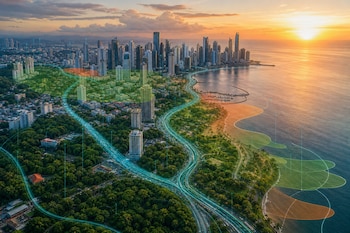 Vista aérea de rascacielos y costa en la Ciudad de Panamá con líneas luminosas y zonas de color superpuestas al atardecer.