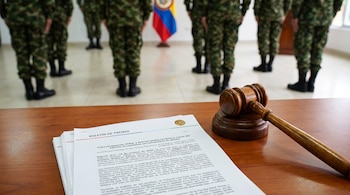 Un mazo judicial y un boletín de prensa del Tribunal Superior Militar y Policial reposan frente a un grupo de militares formados junto a la bandera de Colombia - crédito
