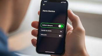 Mano sosteniendo un smartphone que muestra la pantalla de configuración de 'Alerta Sísmica' con la opción 'Activar siempre' activada, en un fondo borroso.